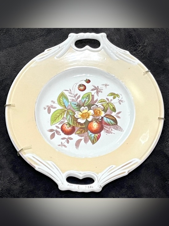 Antique European Porcelain Other - Antique 1890-1915 Double Handled Cake Plate Strawberry Motif Yellow Border